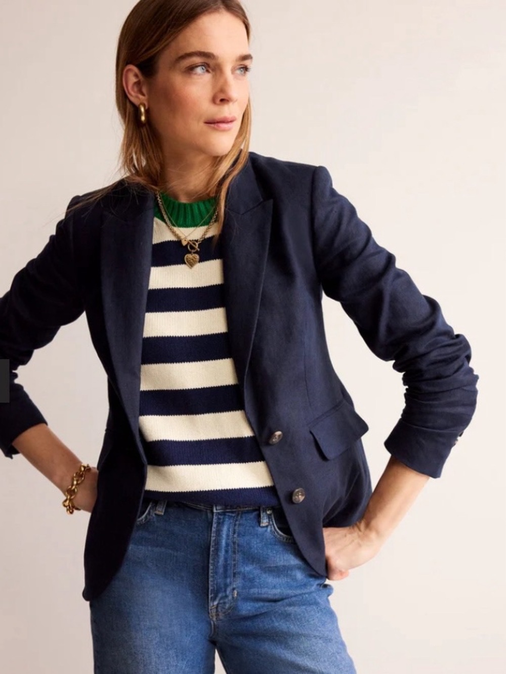 Boden Marylebone Linen Blazer Size 4P Navy Blue Cotton Tailored Jacket Office